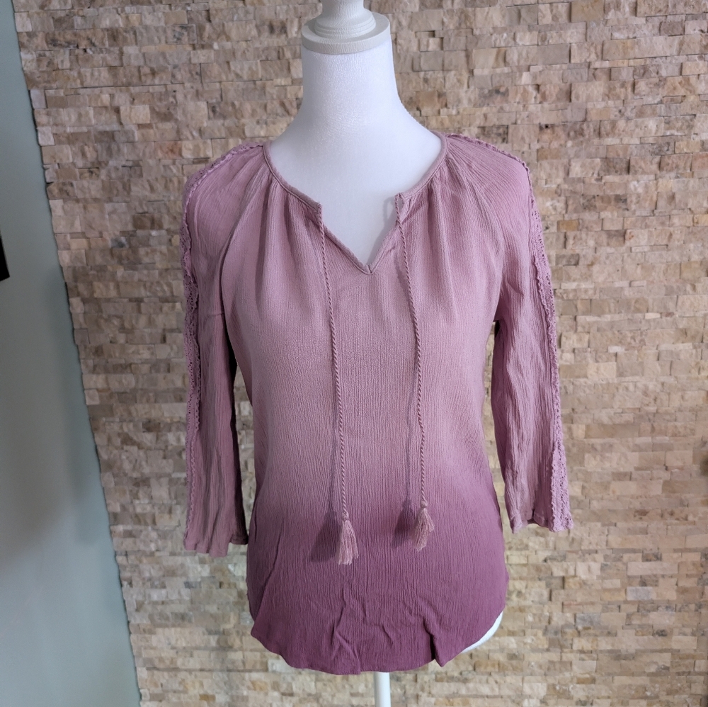 Purple Ombre Tassel Tie Neck Peasant Boho Top Blouse Sz M Festival Summer Spring